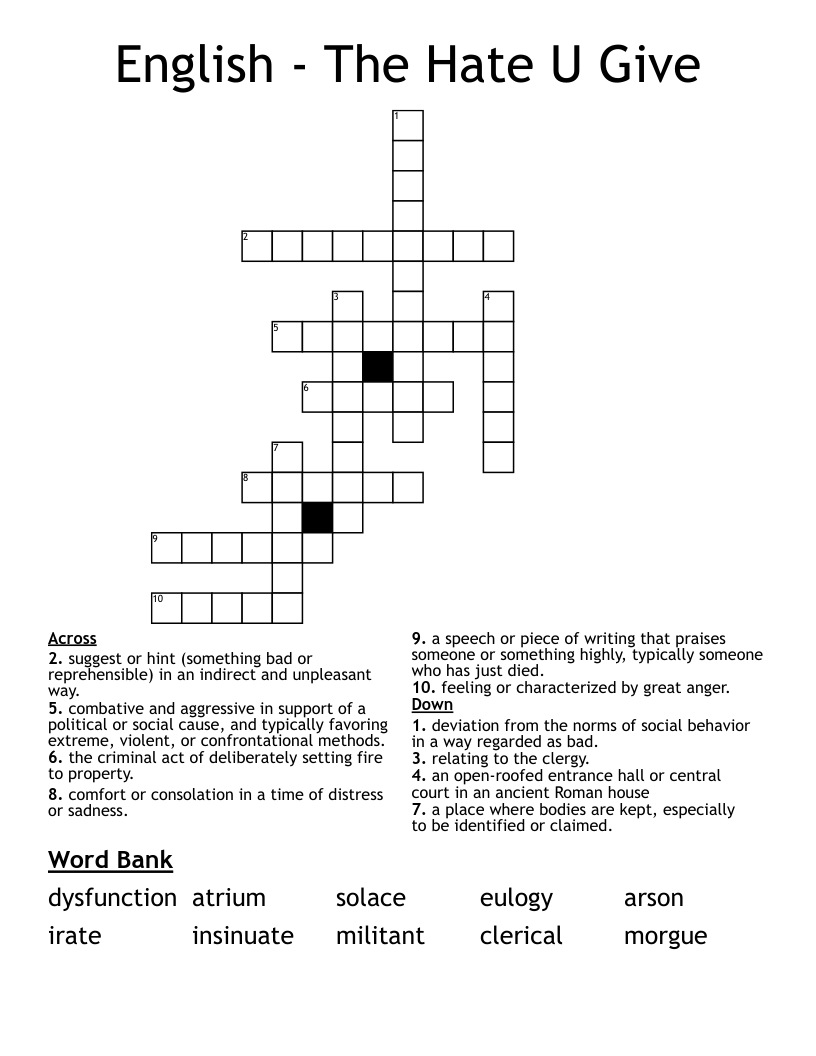 English - The Hate U Give Crossword