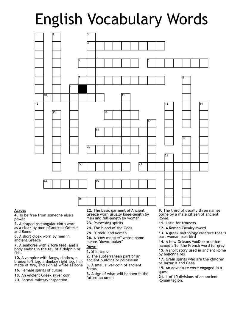 English  Vocabulary  Words   Crossword