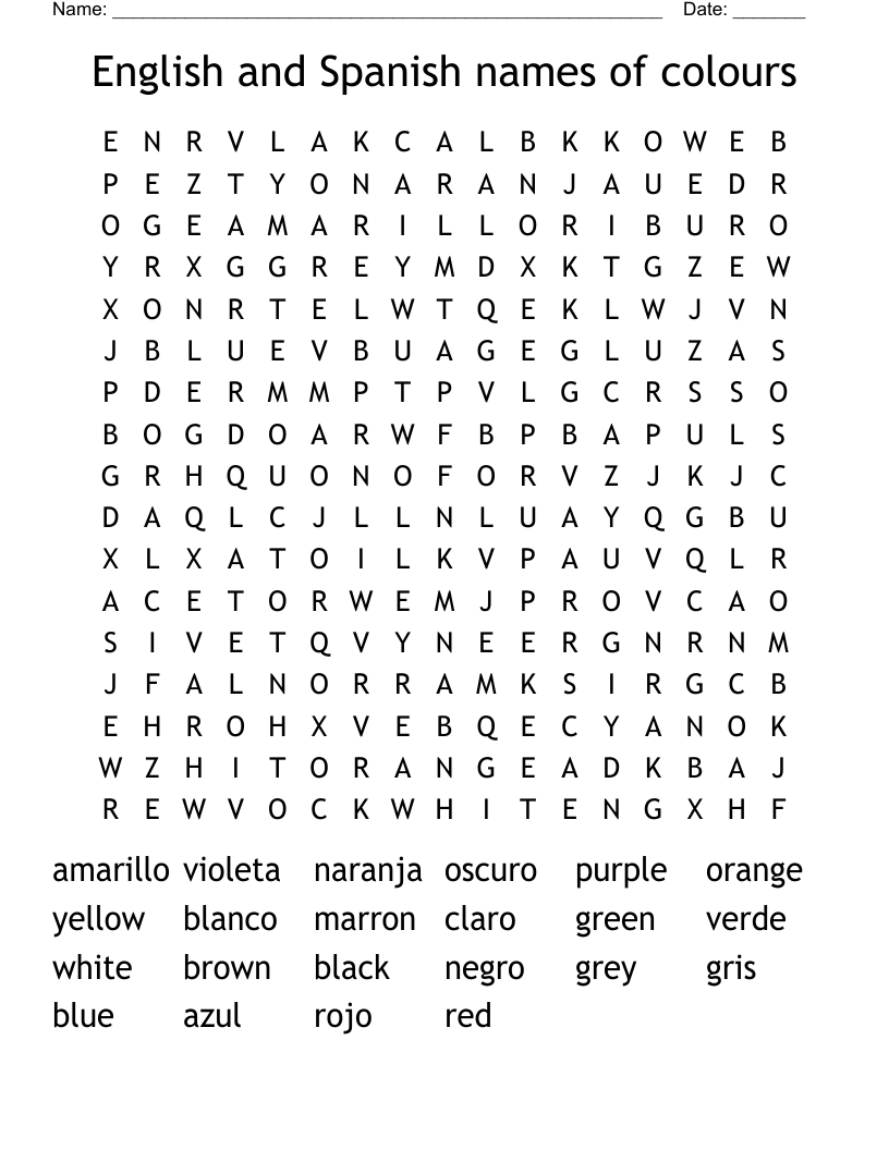 English and Spanish names of colours Word Search