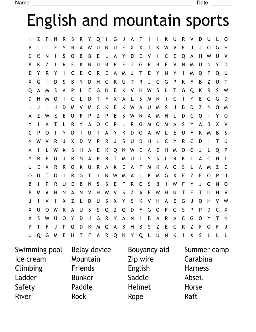 English and mountain sports Word Search