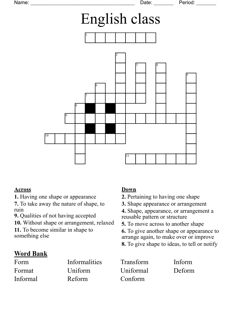 English class Crossword