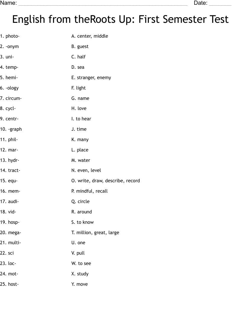 English from theRoots Up: First Semester Test Worksheet