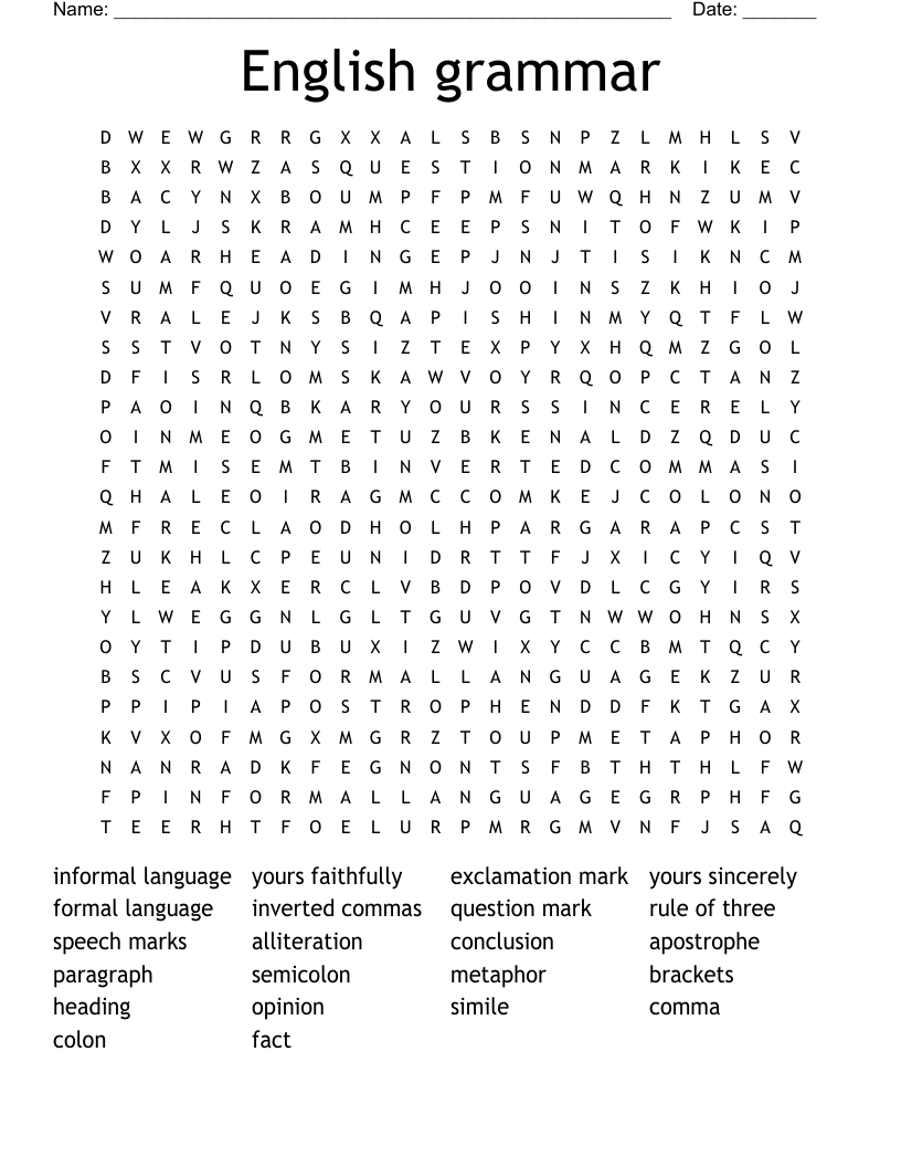 English grammar Word Search