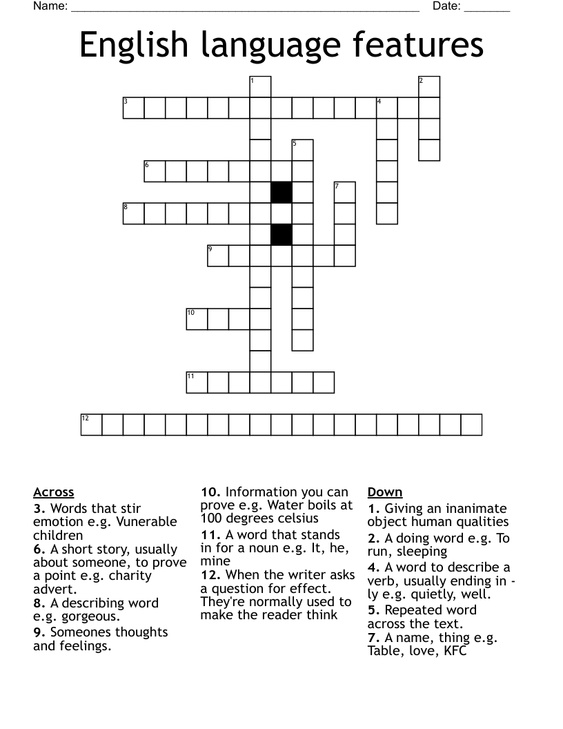 English language features Crossword