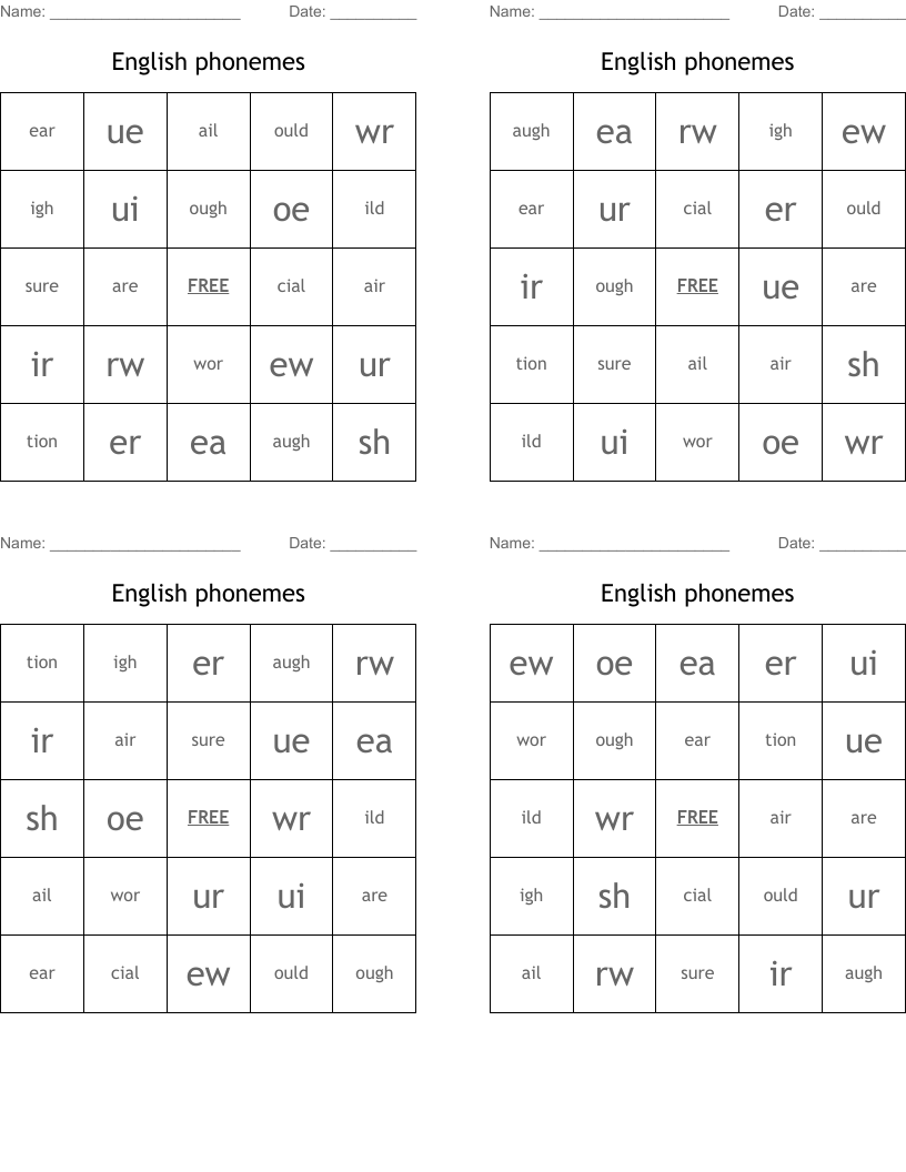 English phonemes Bingo Cards