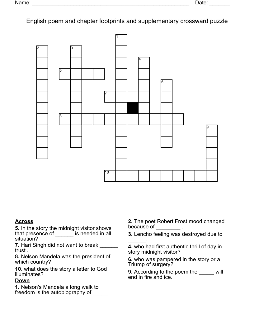 English poem and chapter footprints and supplementary crossward puzzle Crossword