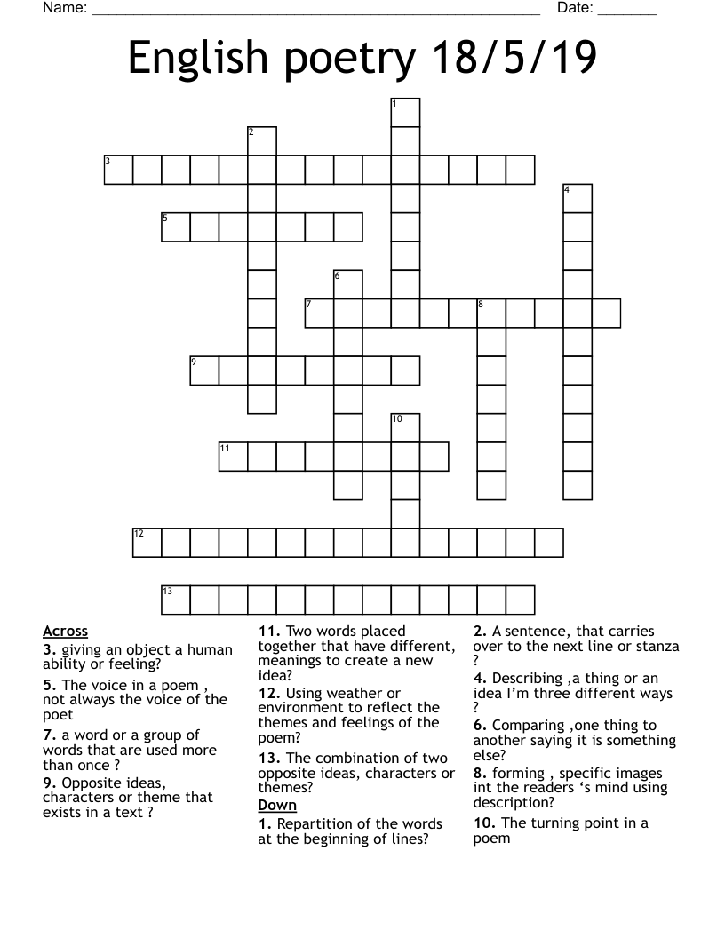 English poetry  18/5/19 Crossword