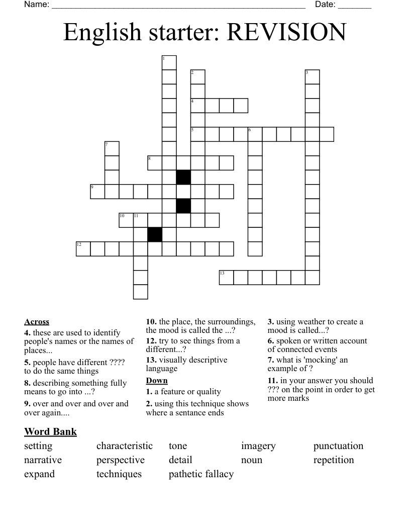 English starter: REVISION Crossword