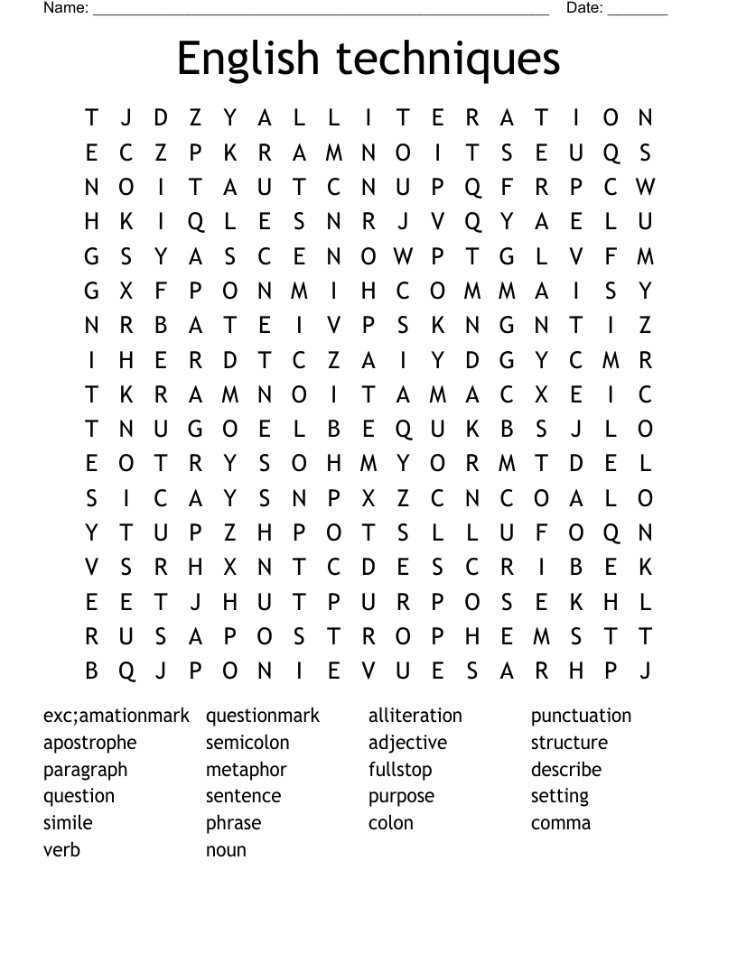 English techniques Word Search