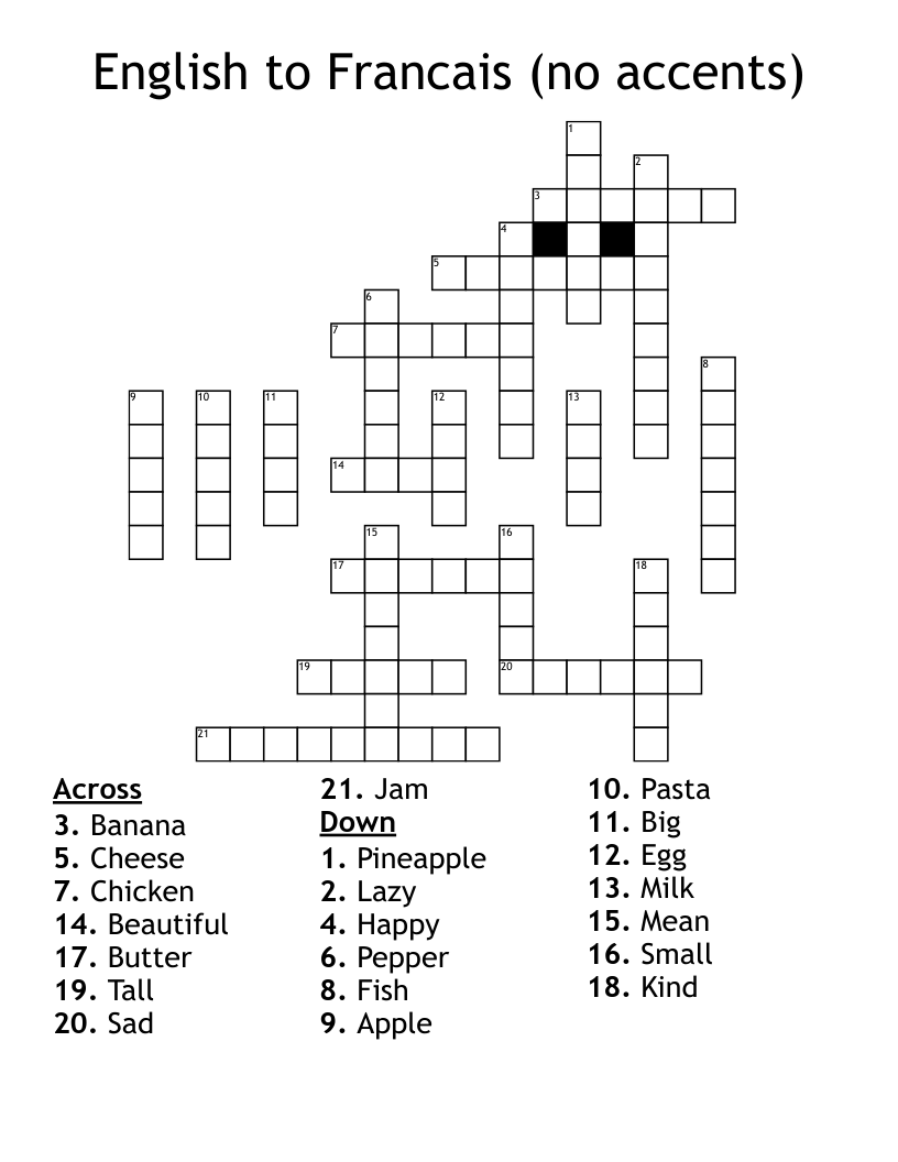 English to Francais (no accents) Crossword