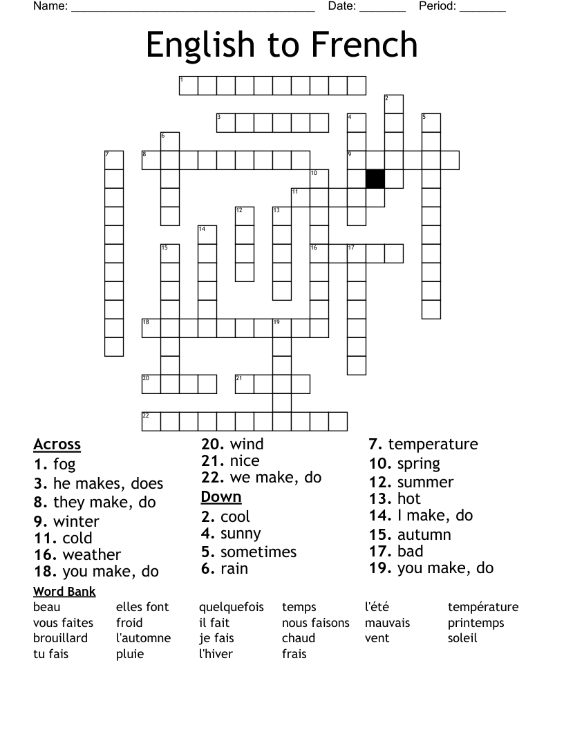 English to French Crossword