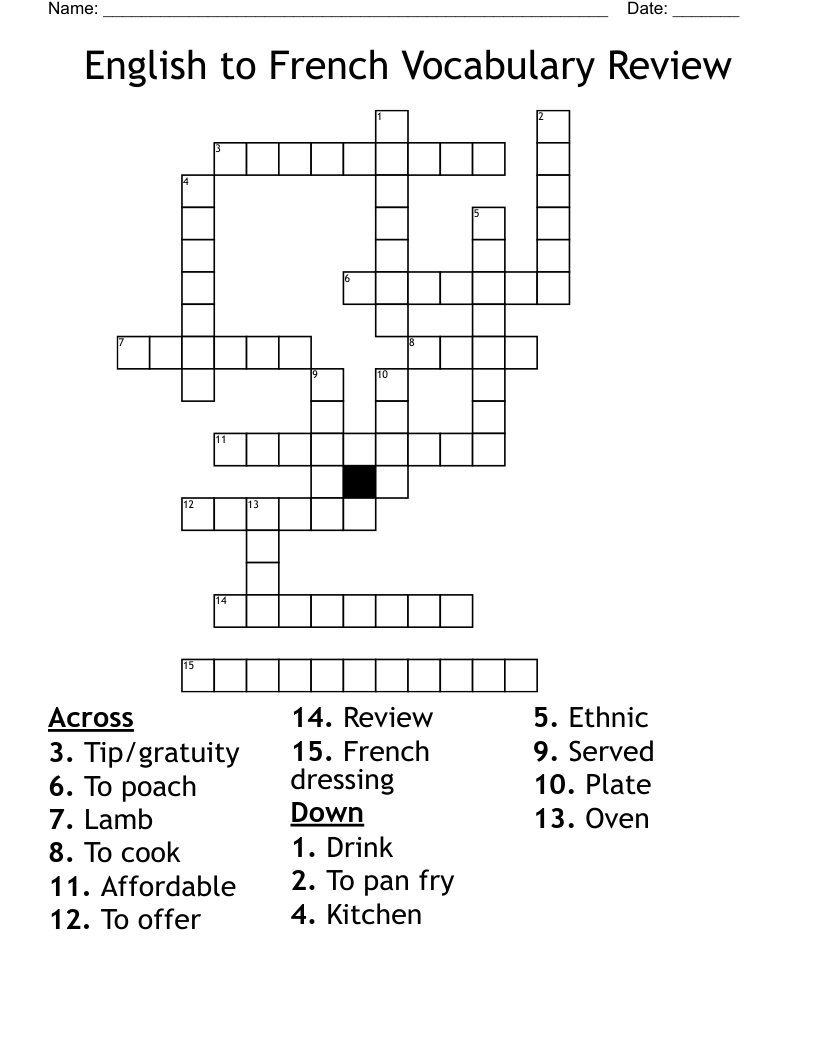 English to French Vocabulary Review Crossword