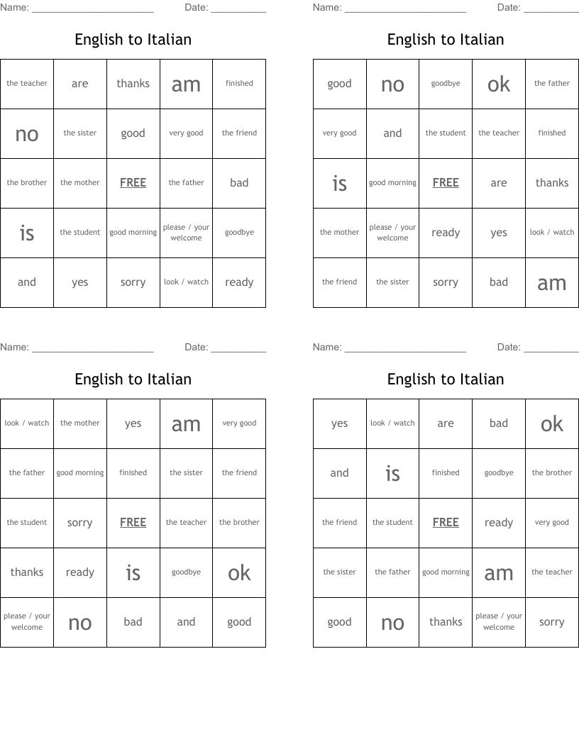 English to Italian Bingo Cards