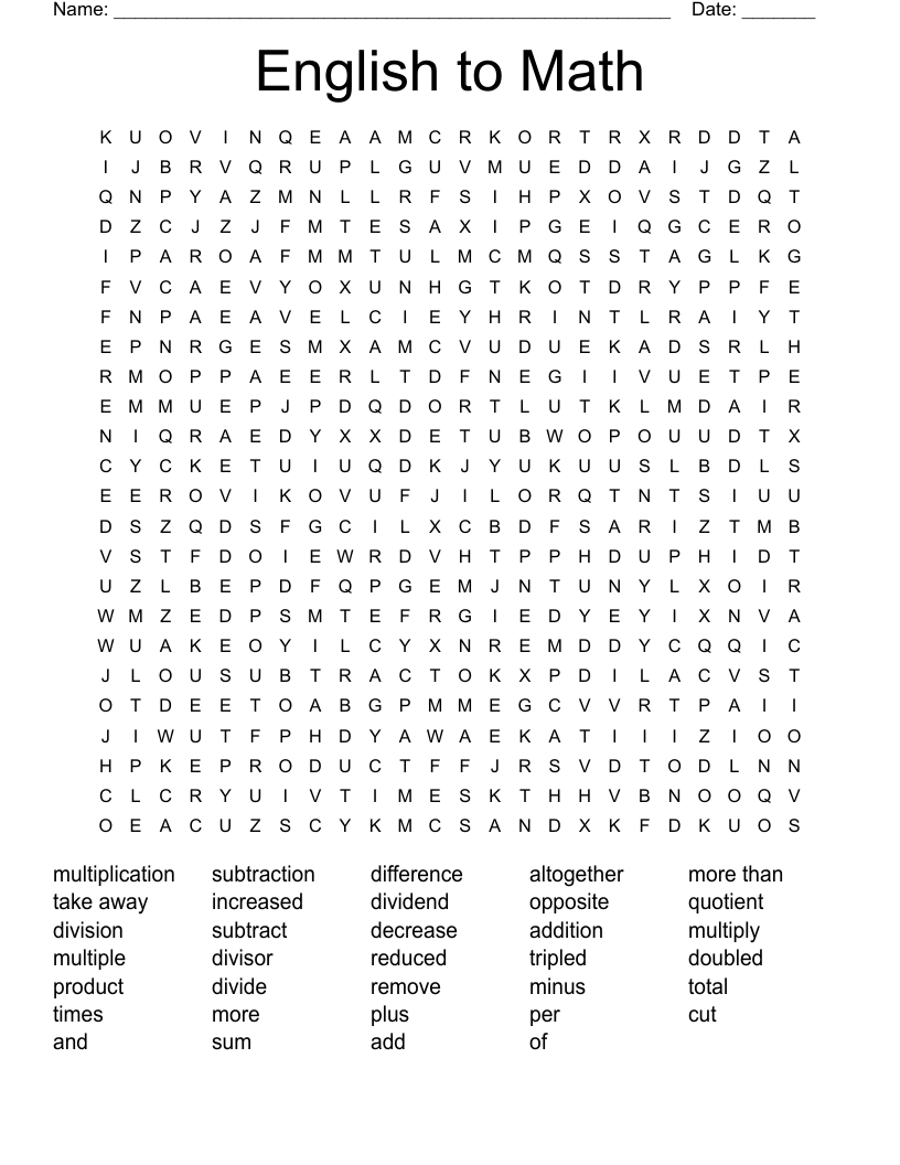 English to Math Word Search