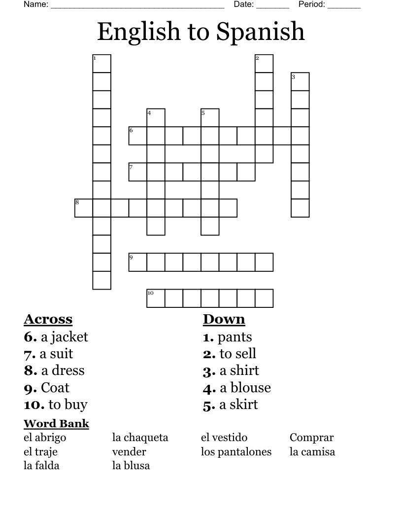 English to Spanish Crossword