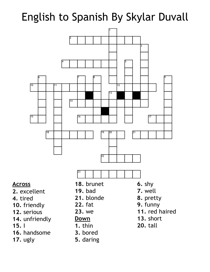 English to Spanish By Skylar Duvall Crossword