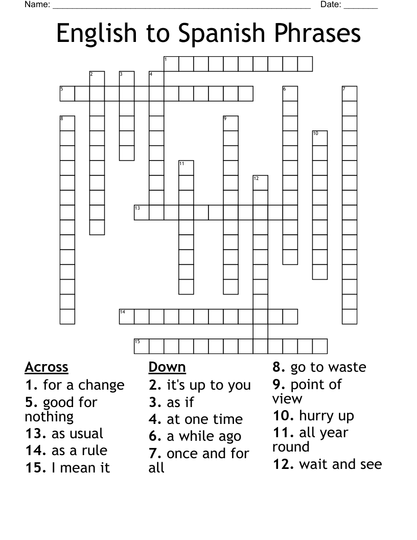 English to Spanish Phrases Crossword