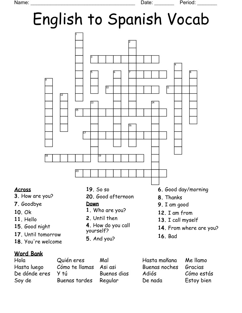 English to Spanish Vocab Crossword