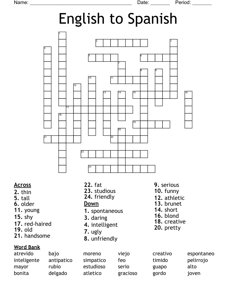 English to Spanish  Crossword