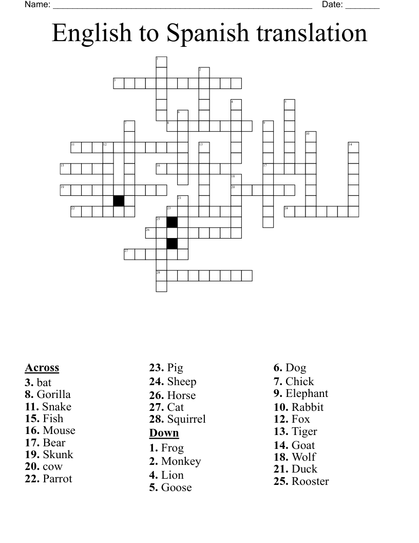 English to Spanish translation  Crossword