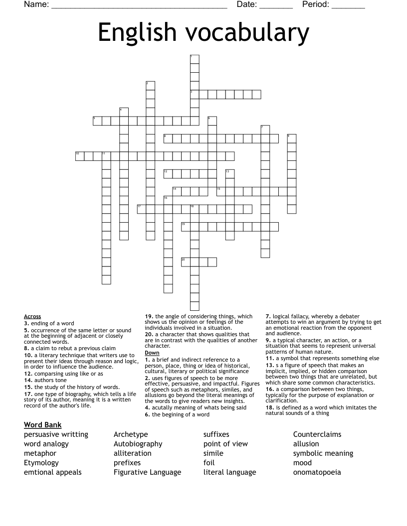English vocabulary  Crossword