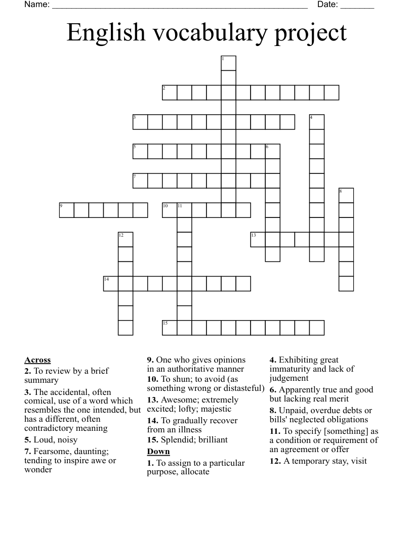 English vocabulary project  Crossword