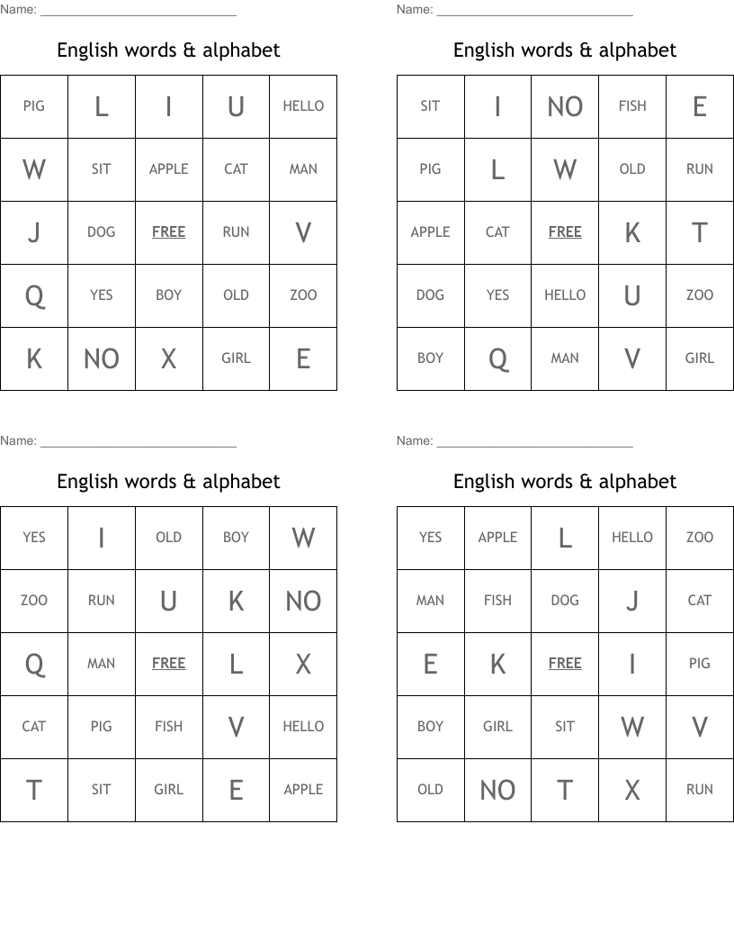 English words & alphabet Bingo Cards