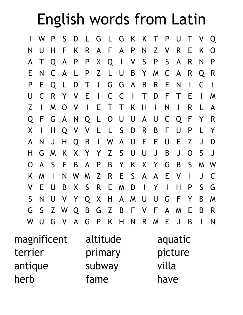 English words from Latin Word Search