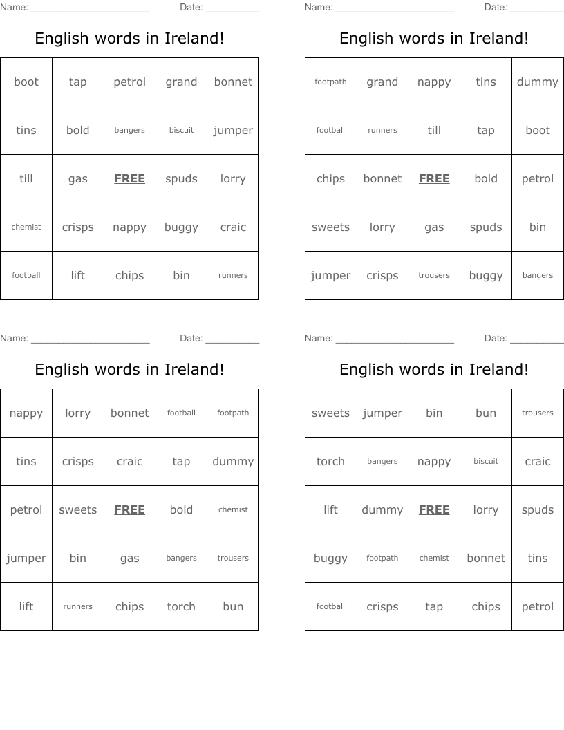 English words in Ireland! Bingo Cards