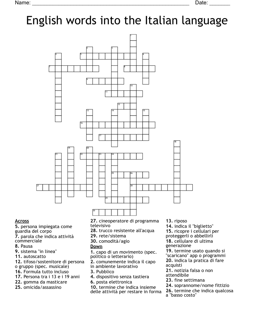 English words into the Italian language Crossword