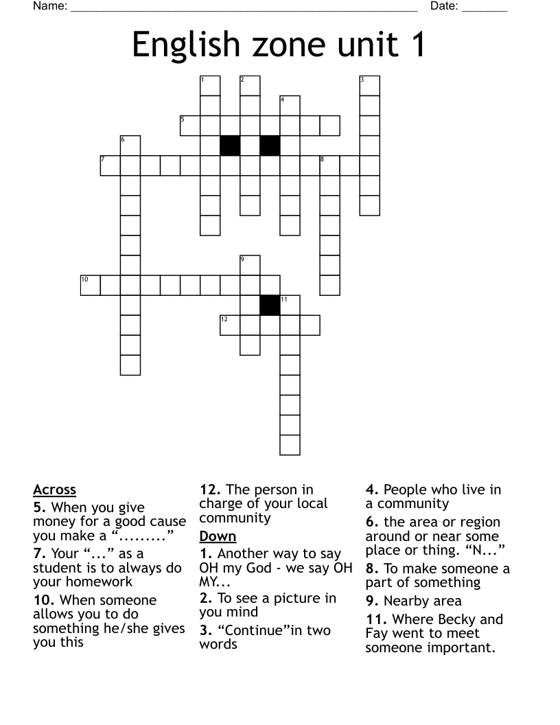 English zone unit 1  Crossword
