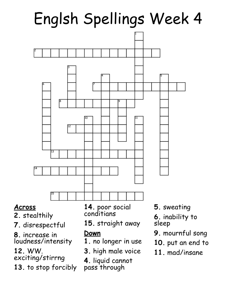 Englsh Spellings Week 4 Crossword