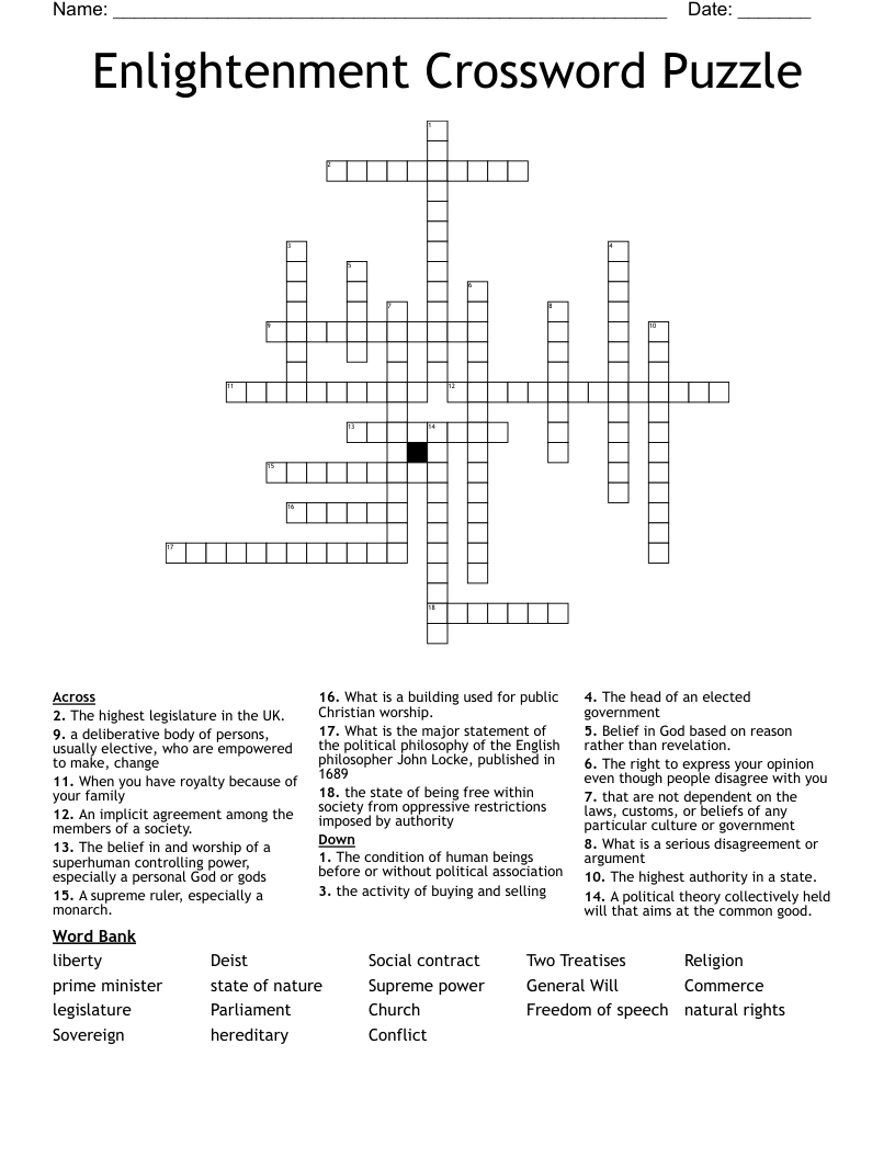 Enlightenment Crossword Puzzle