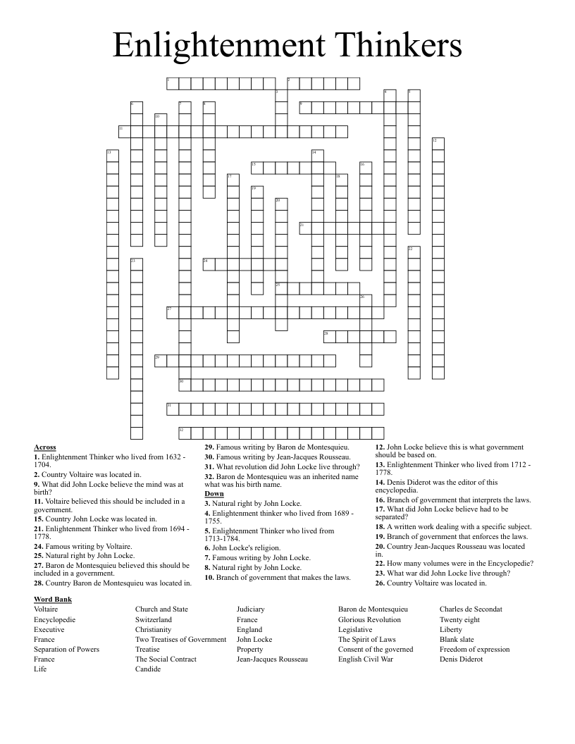 Enlightenment Thinkers Crossword