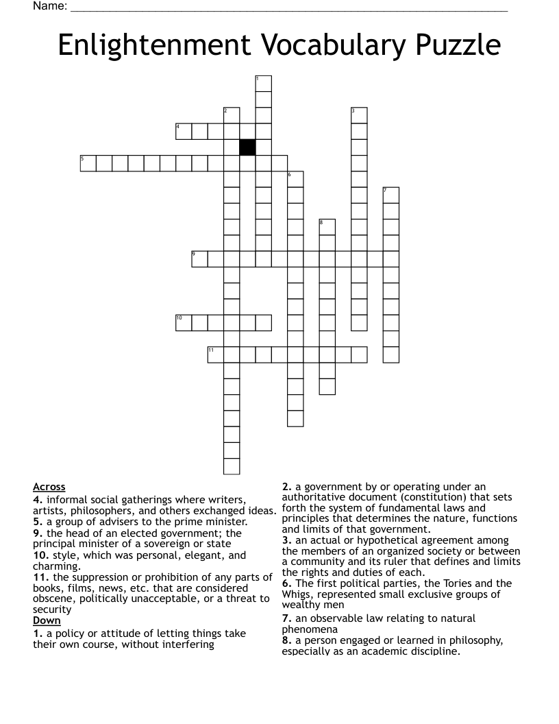 Enlightenment Vocabulary Puzzle Crossword