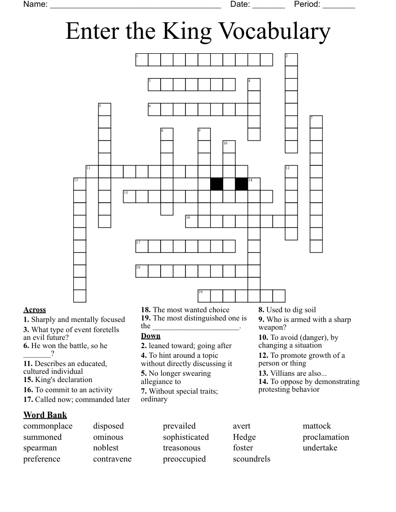 Enter the King Vocabulary Crossword