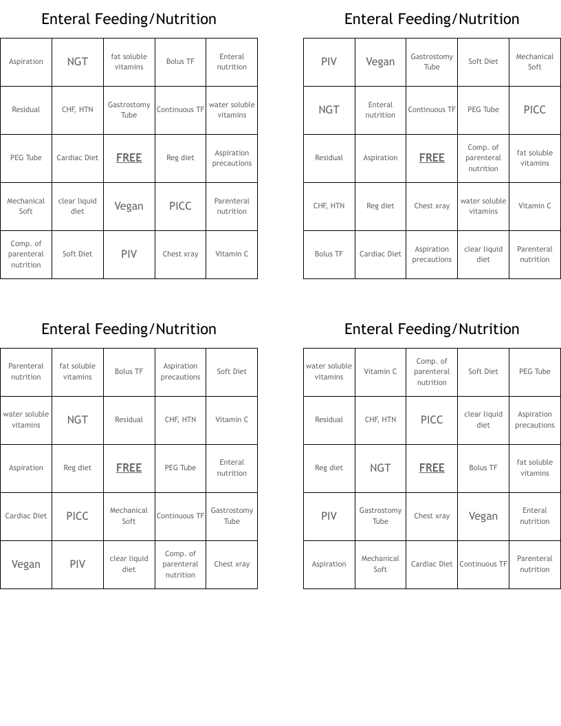 Enteral Feeding/Nutrition Bingo Cards