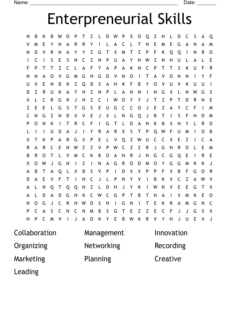 Enterpreneurial Skills Word Search