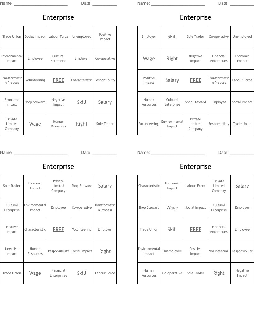 Enterprise  Bingo Cards