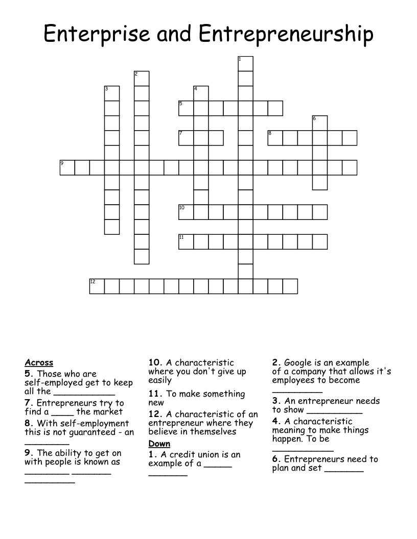 Enterprise and Entrepreneurship Crossword