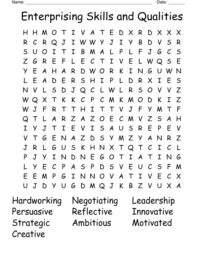 Enterprising Skills and Qualities Word Search