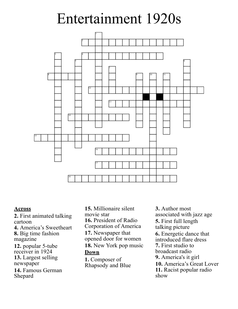 Entertainment 1920s Crossword