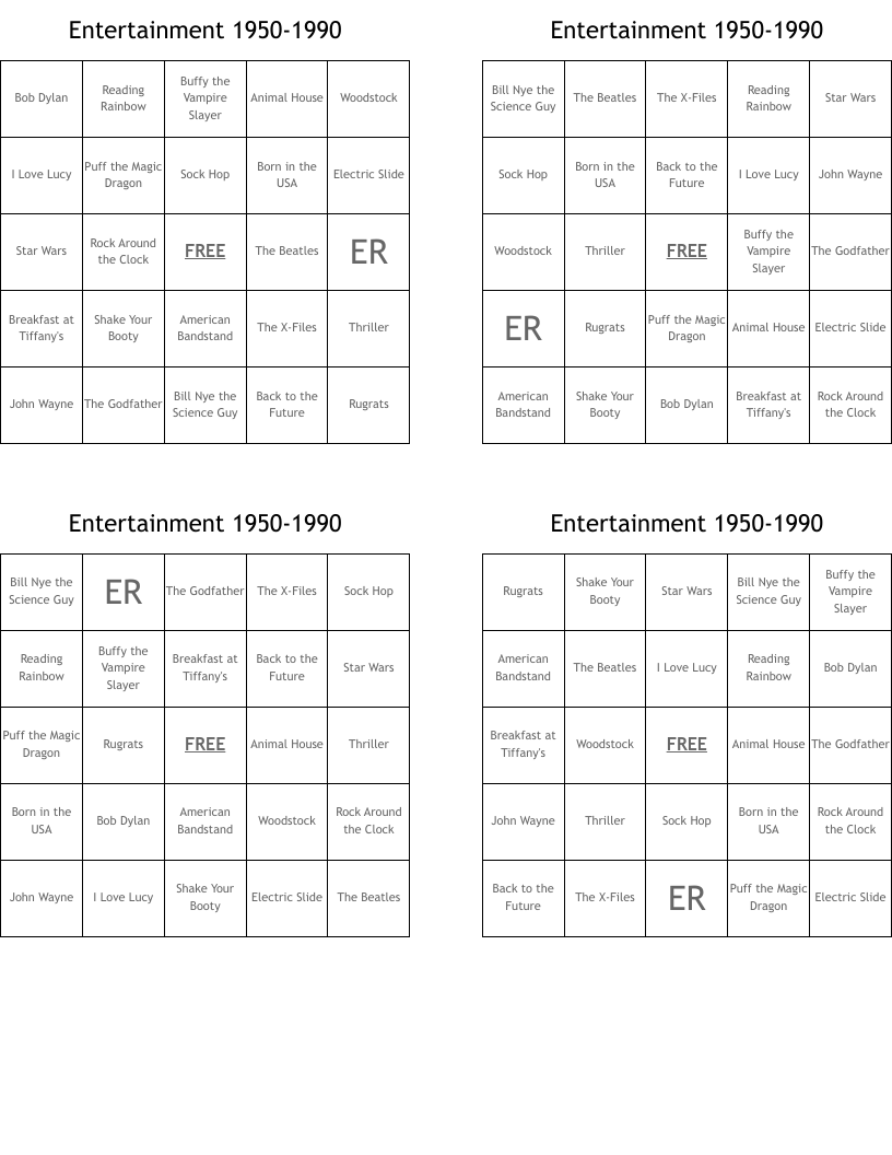 Entertainment 1950-1990  Bingo Cards