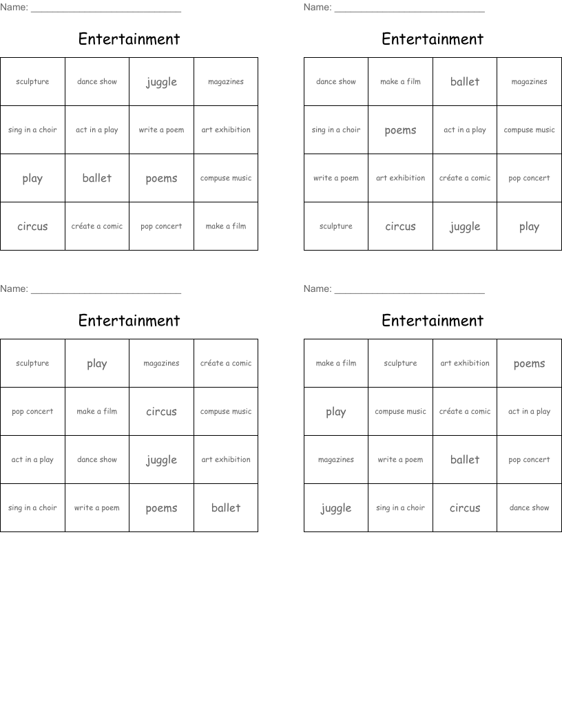 Entertainment  Bingo Cards