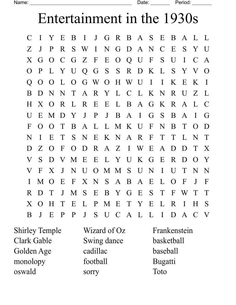 Entertainment in the 1930s Word Search