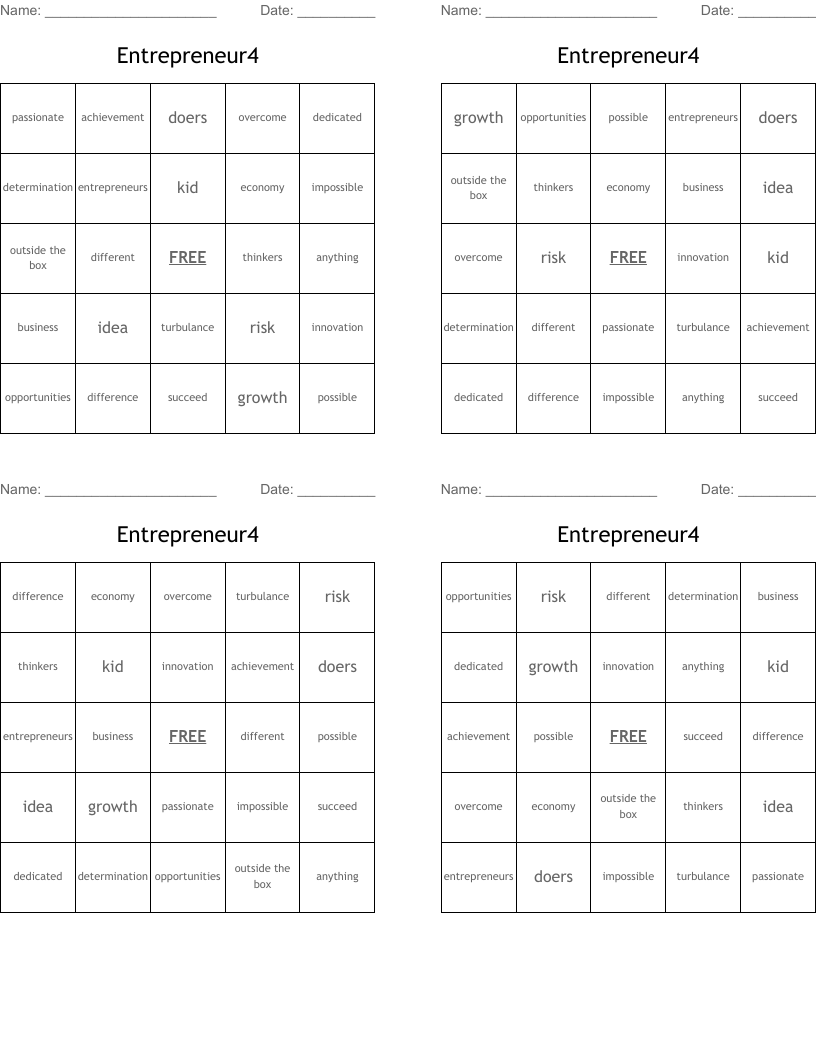 Entrepreneur4 Bingo Cards