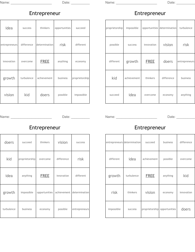 Entrepreneur Bingo Cards