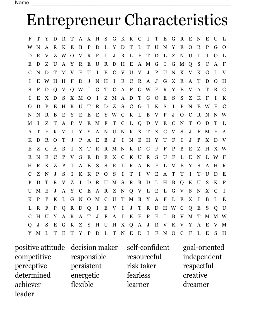 Entrepreneur Characteristics Word Search