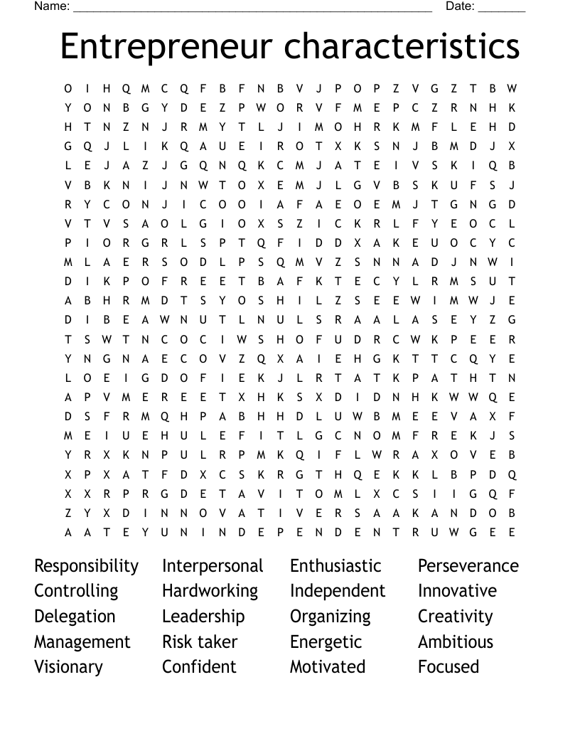 Entrepreneur characteristics Word Search