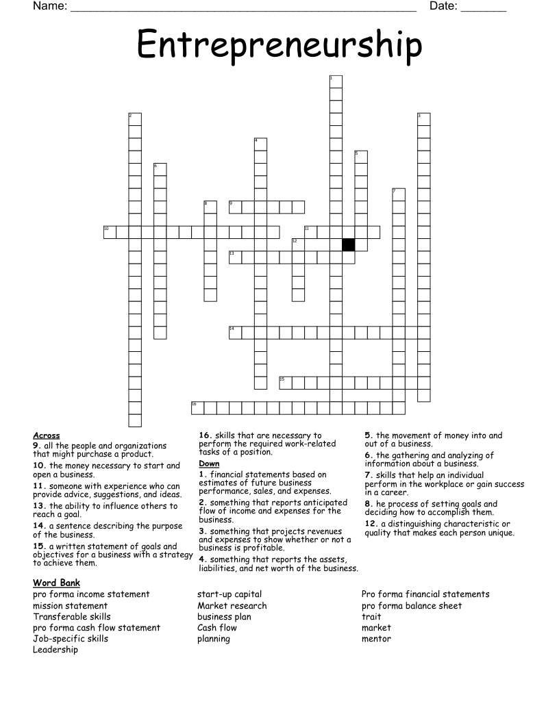 Entrepreneurship Crossword